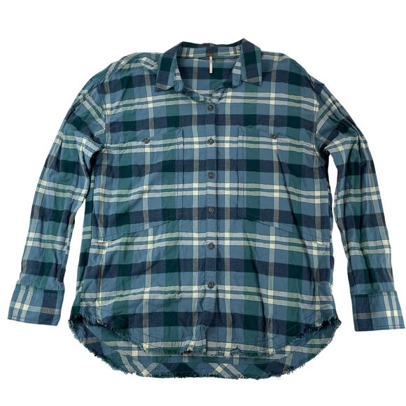 Free People Sweaters - Free People Blue Plaid Raw Hem Oversized Flannel Button Down Top Large Women